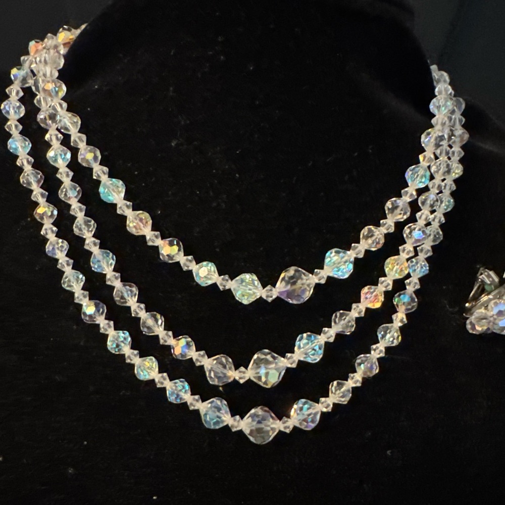 Vintage Crystal Necklace 3 Strands Clip On Earrings Aurora Borealis Set Art Deco